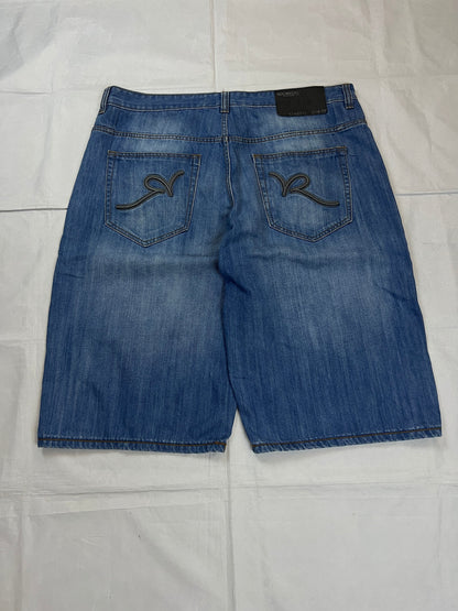 Rocawear blue denim shorts W38 five-pocket design with embroidered back pockets and branded label.