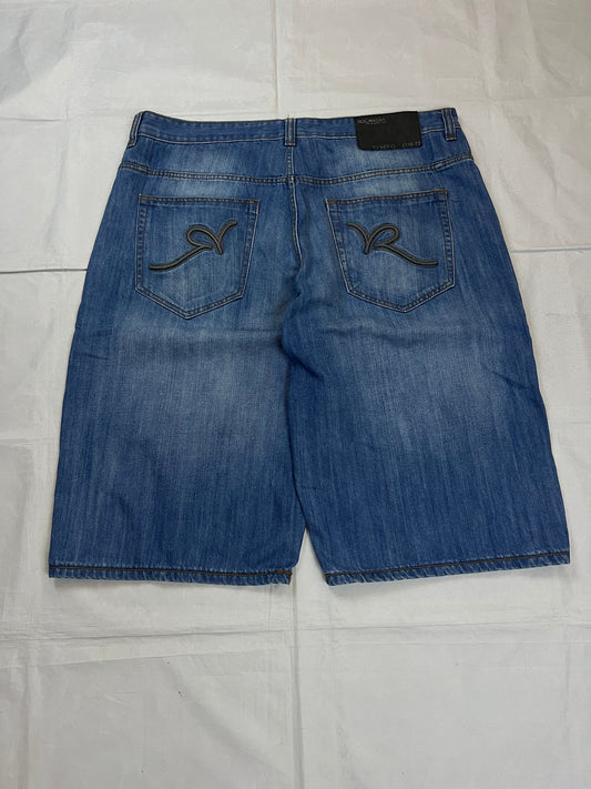 Rocawear blue denim shorts W38 five-pocket design with embroidered back pockets and branded label.