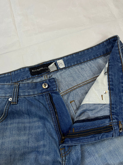 Rocawear blue denim shorts W38 five-pocket design with embroidered back pockets and branded label.