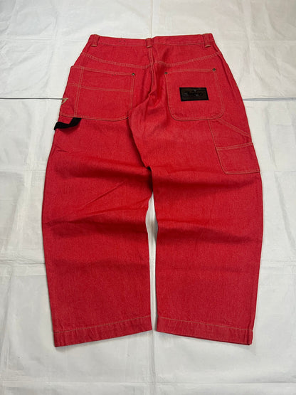 BOSS red carpenter jeans 100% cotton with yellow stitching and logo detailing.