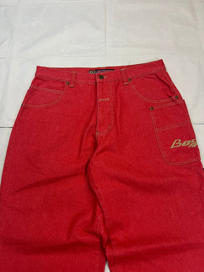 BOSS red carpenter jeans 100% cotton with yellow stitching and logo detailing.