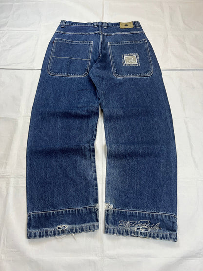 SIR BENNI MILES blue wide-leg jeans distressed with rips, branded back pockets, 100% cotton.
