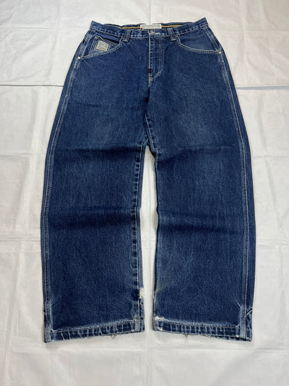SIR BENNI MILES blue wide-leg jeans distressed with rips, branded back pockets, 100% cotton.