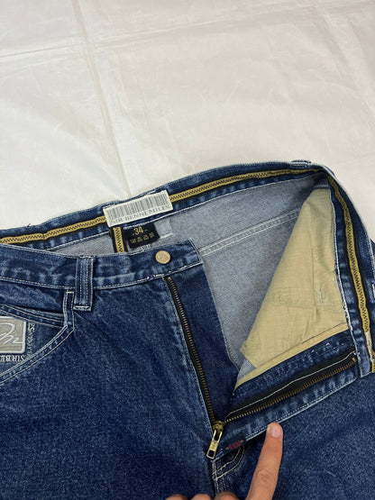 SIR BENNI MILES blue wide-leg jeans distressed with rips, branded back pockets, 100% cotton.
