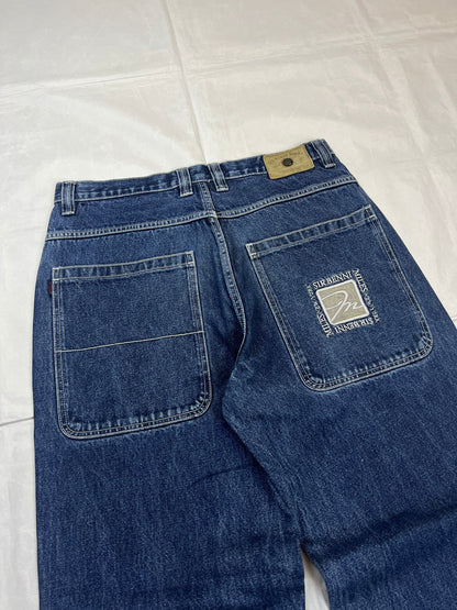 SIR BENNI MILES blue wide-leg jeans distressed with rips, branded back pockets, 100% cotton.