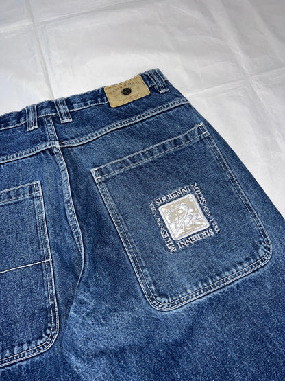 SIR BENNI MILES blue wide-leg jeans distressed with rips, branded back pockets, 100% cotton.