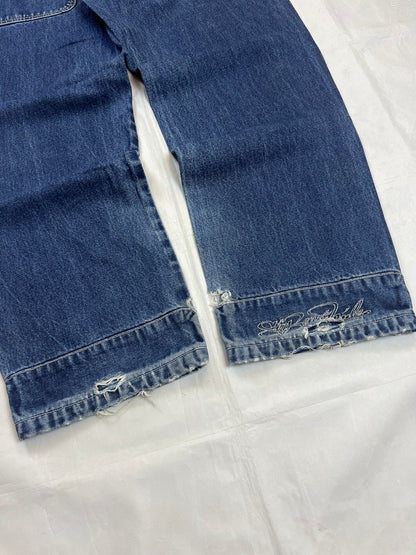 SIR BENNI MILES blue wide-leg jeans distressed with rips, branded back pockets, 100% cotton.