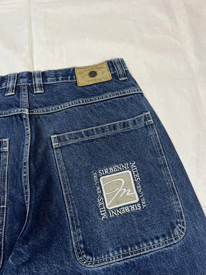 SIR BENNI MILES blue wide-leg jeans distressed with rips, branded back pockets, 100% cotton.