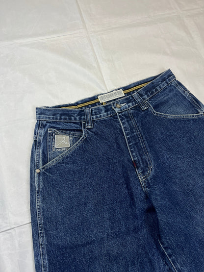 SIR BENNI MILES blue wide-leg jeans distressed with rips, branded back pockets, 100% cotton.