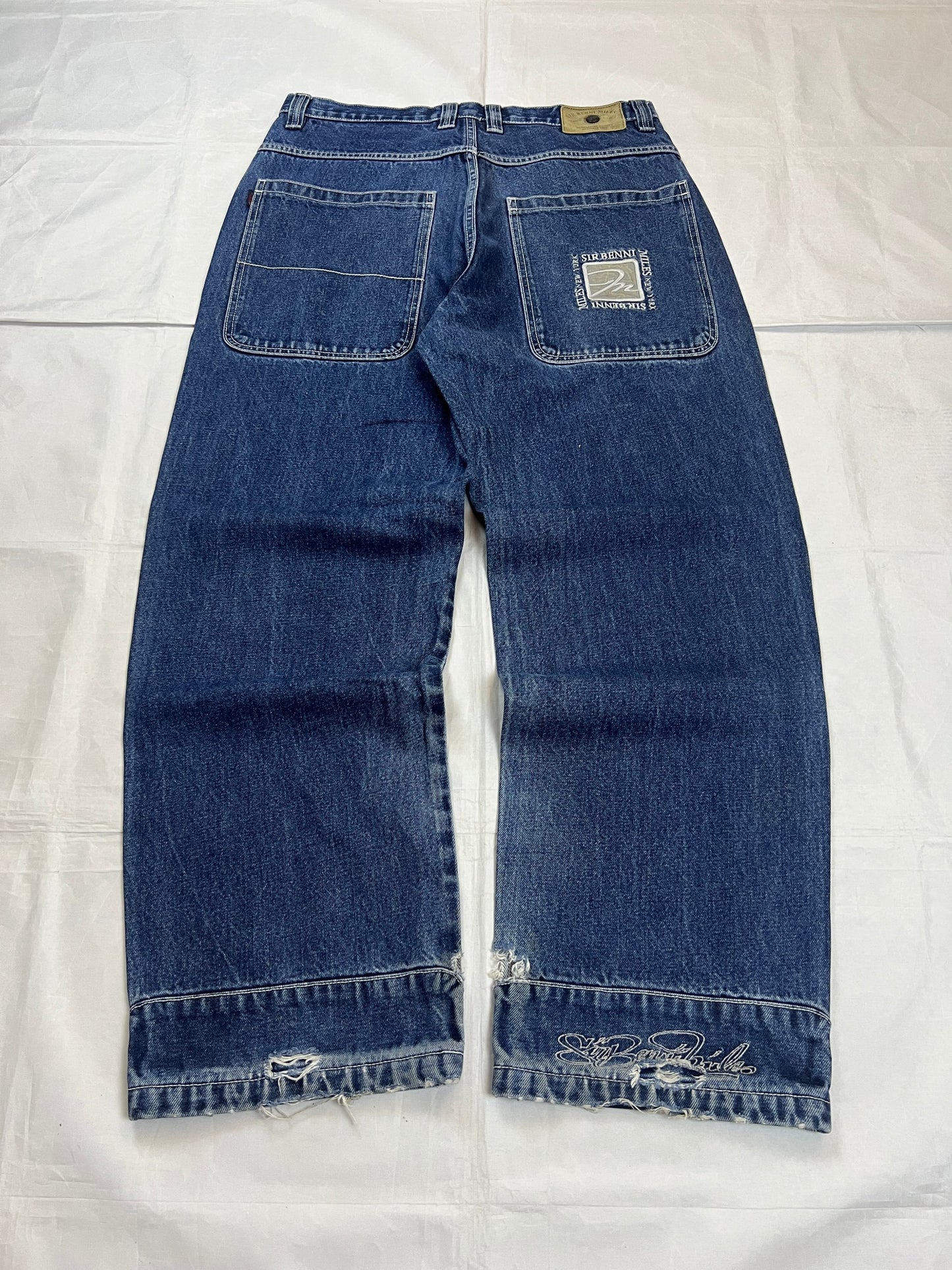 SIR BENNI MILES blue straight jeans 34 with logo embroidery and distressed details.
