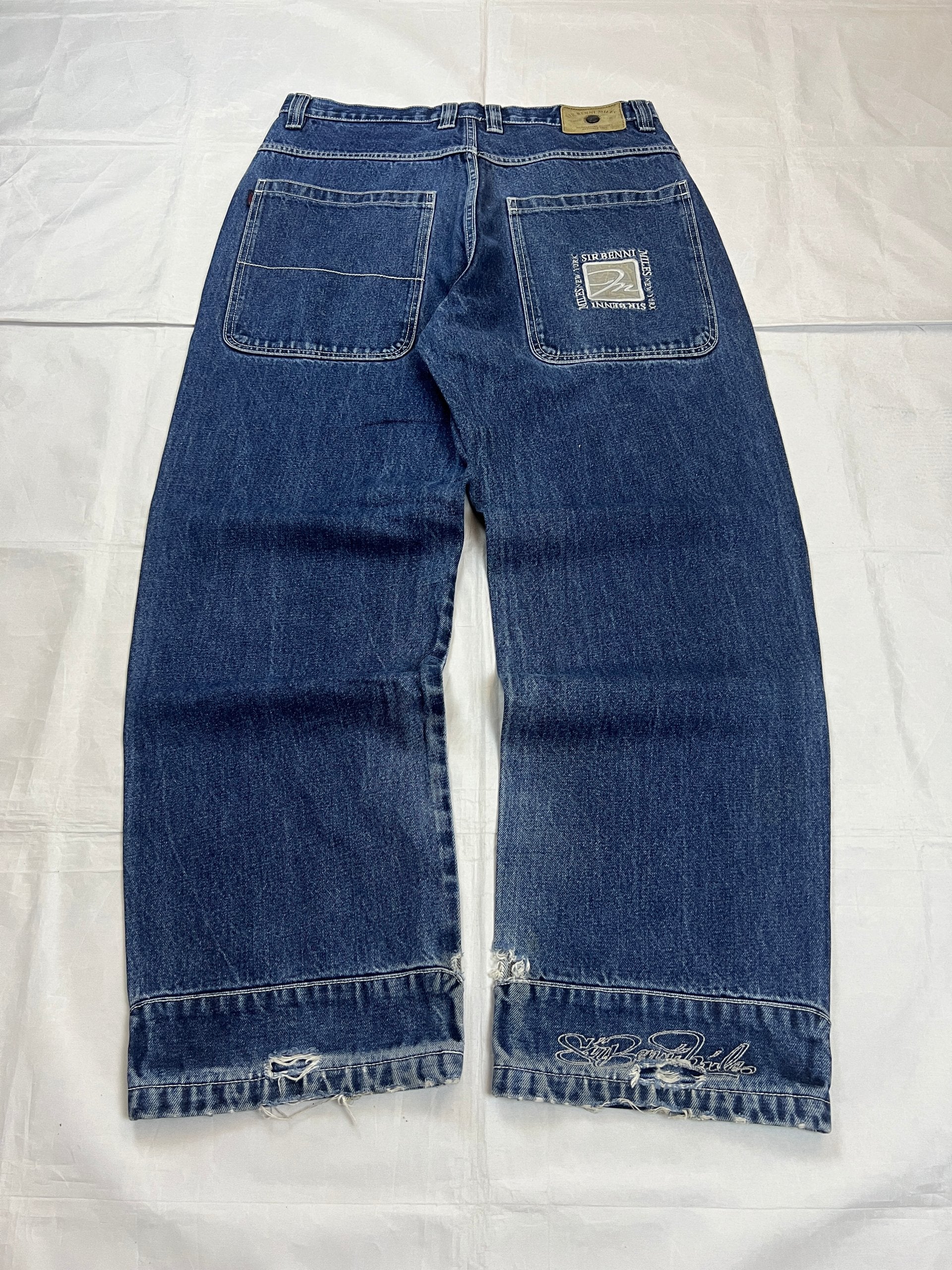 SIR BENNI MILES blue straight jeans 34 with logo embroidery and distressed details.