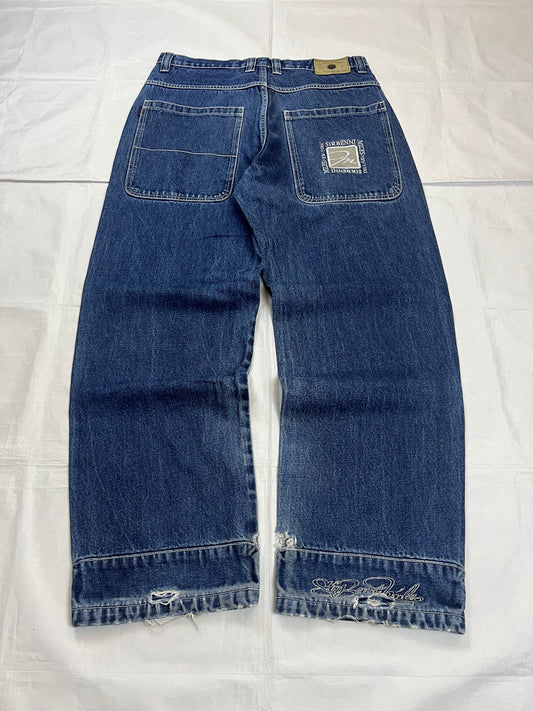 SIR BENNI MILES blue straight jeans 34 with logo embroidery and distressed details.