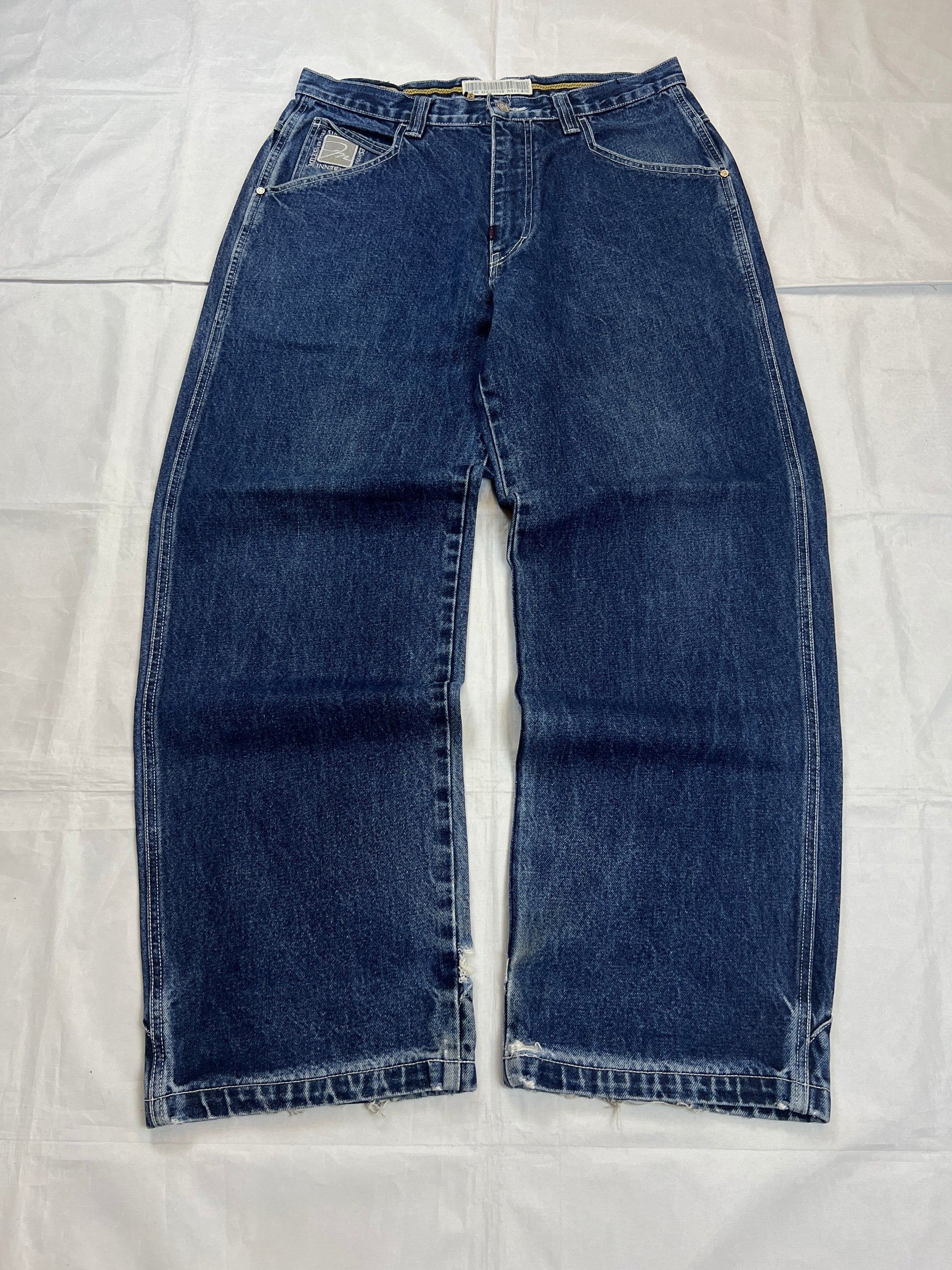 SIR BENNI MILES blue straight jeans 34 with logo embroidery and distressed details.