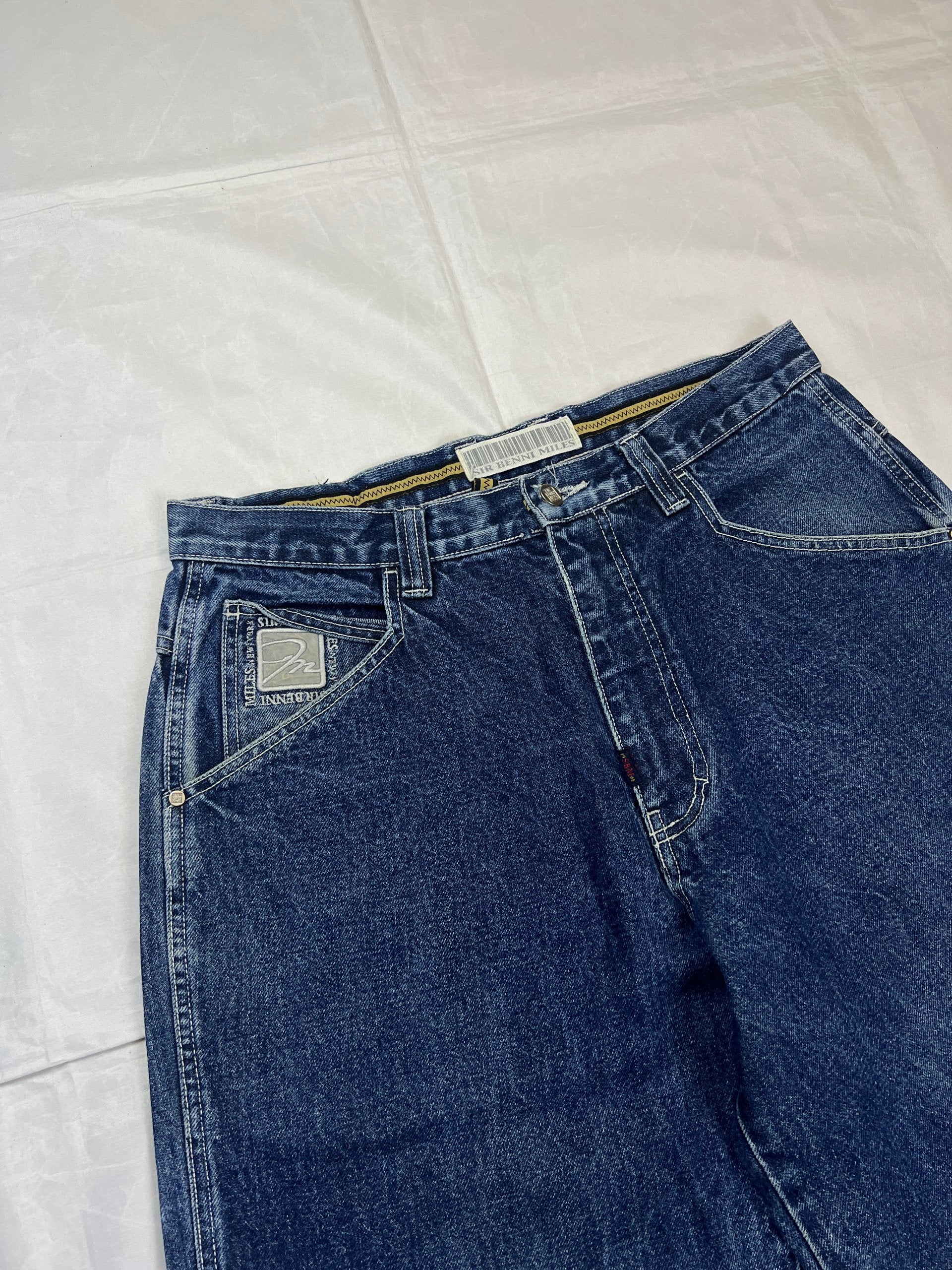 SIR BENNI MILES blue straight jeans 34 with logo embroidery and distressed details.