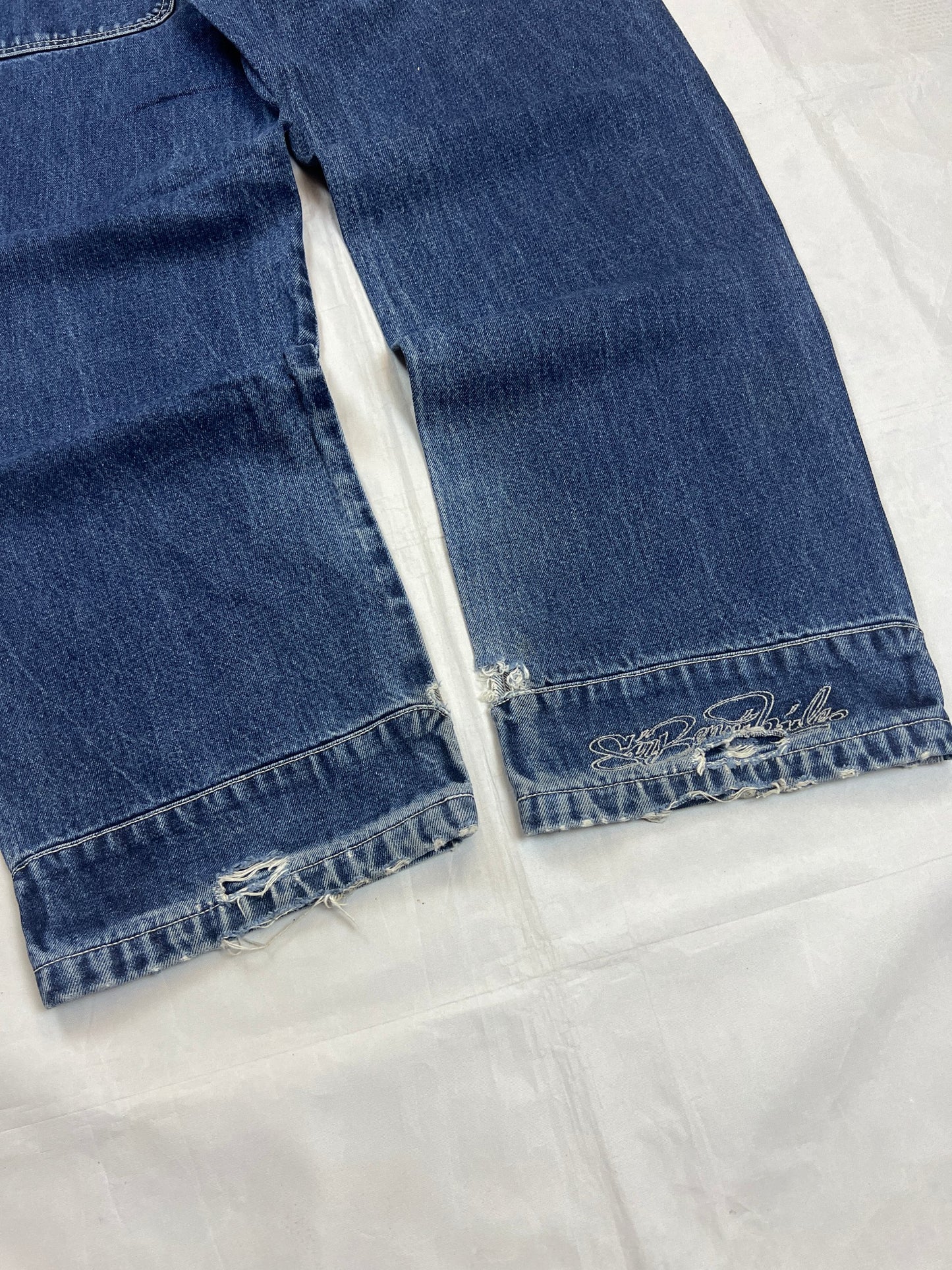 SIR BENNI MILES blue straight jeans 34 with logo embroidery and distressed details.