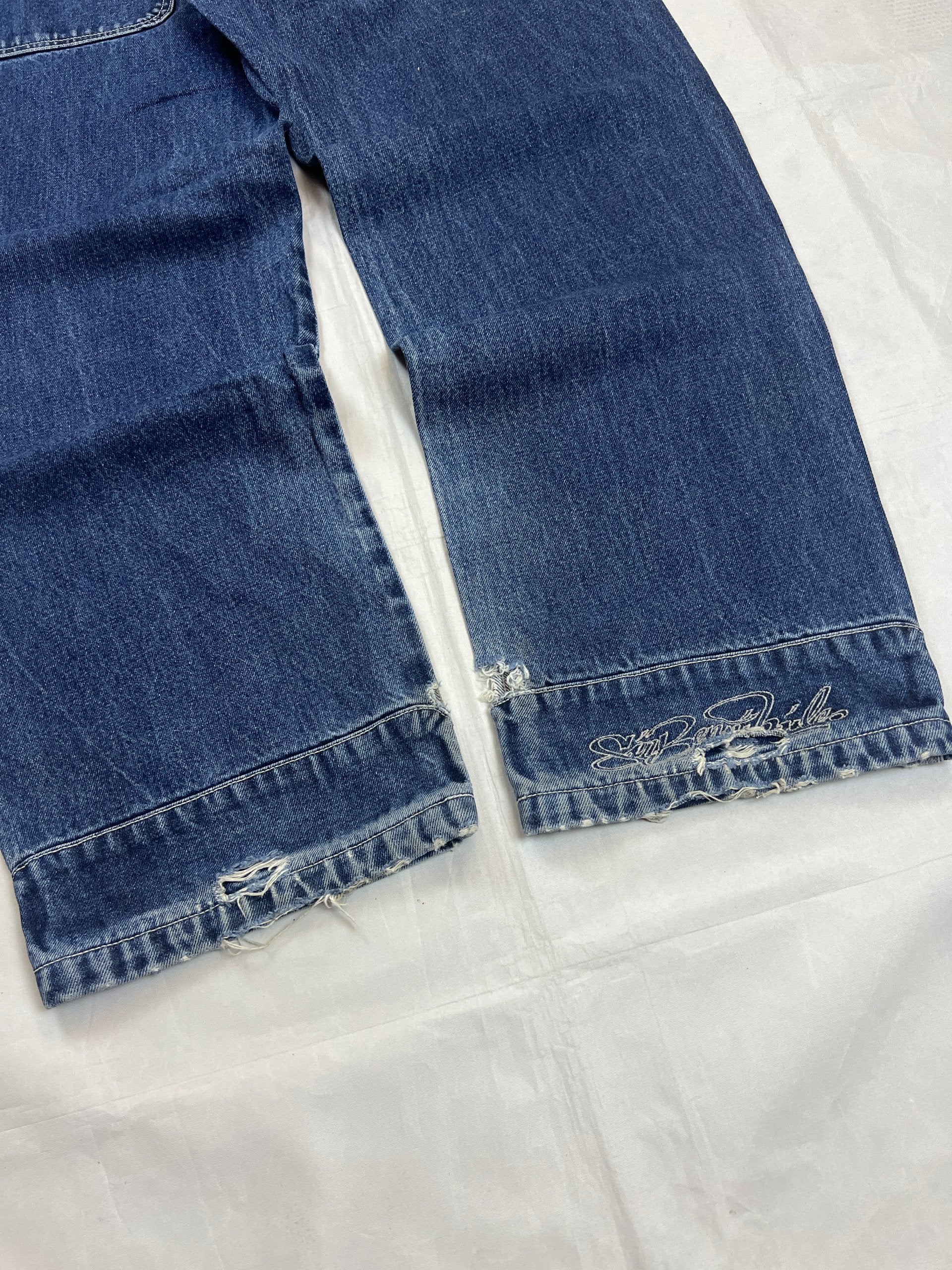 SIR BENNI MILES blue straight jeans 34 with logo embroidery and distressed details.