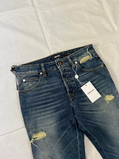 Just Cavalli blue distressed denim jeans UK 10 with black eagle prints on knees.