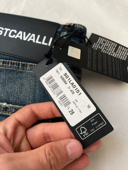 Just Cavalli blue distressed denim jeans UK 10 with black eagle prints on knees.