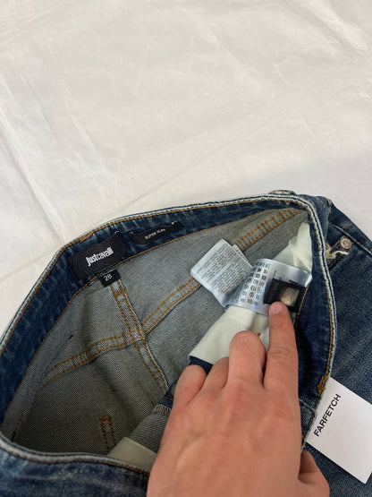 Just Cavalli blue distressed denim jeans UK 10 with black eagle prints on knees.