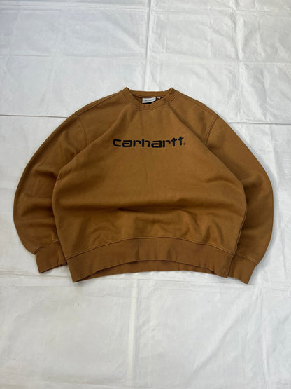 Carhartt brown hooded sweatshirt with black logo, fleece lined cotton-poly blend.