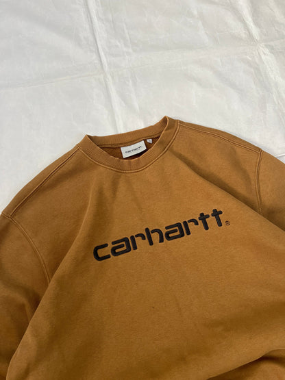 Carhartt brown hooded sweatshirt with black logo, fleece lined cotton-poly blend.