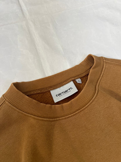 Carhartt brown hooded sweatshirt with black logo, fleece lined cotton-poly blend.