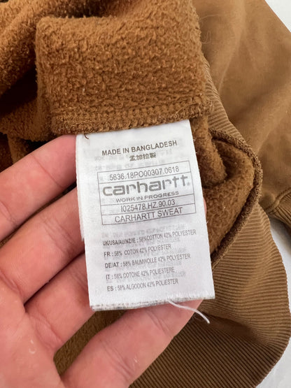 Carhartt brown hooded sweatshirt with black logo, fleece lined cotton-poly blend.