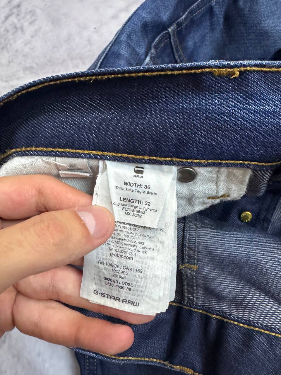 G-Star Raw blue denim 5620 3D Loose jeans with branded button and back patch.