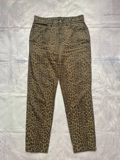 Iceberg brown leopard print trousers with front pockets and metal button closure.