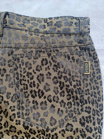 Iceberg brown leopard print trousers with front pockets and metal button closure.