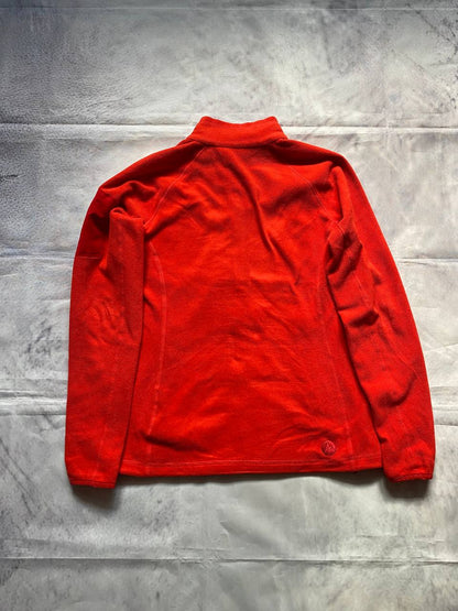 Marmot red fleece jacket with full zip, thumb holes, and elbow patch detail.