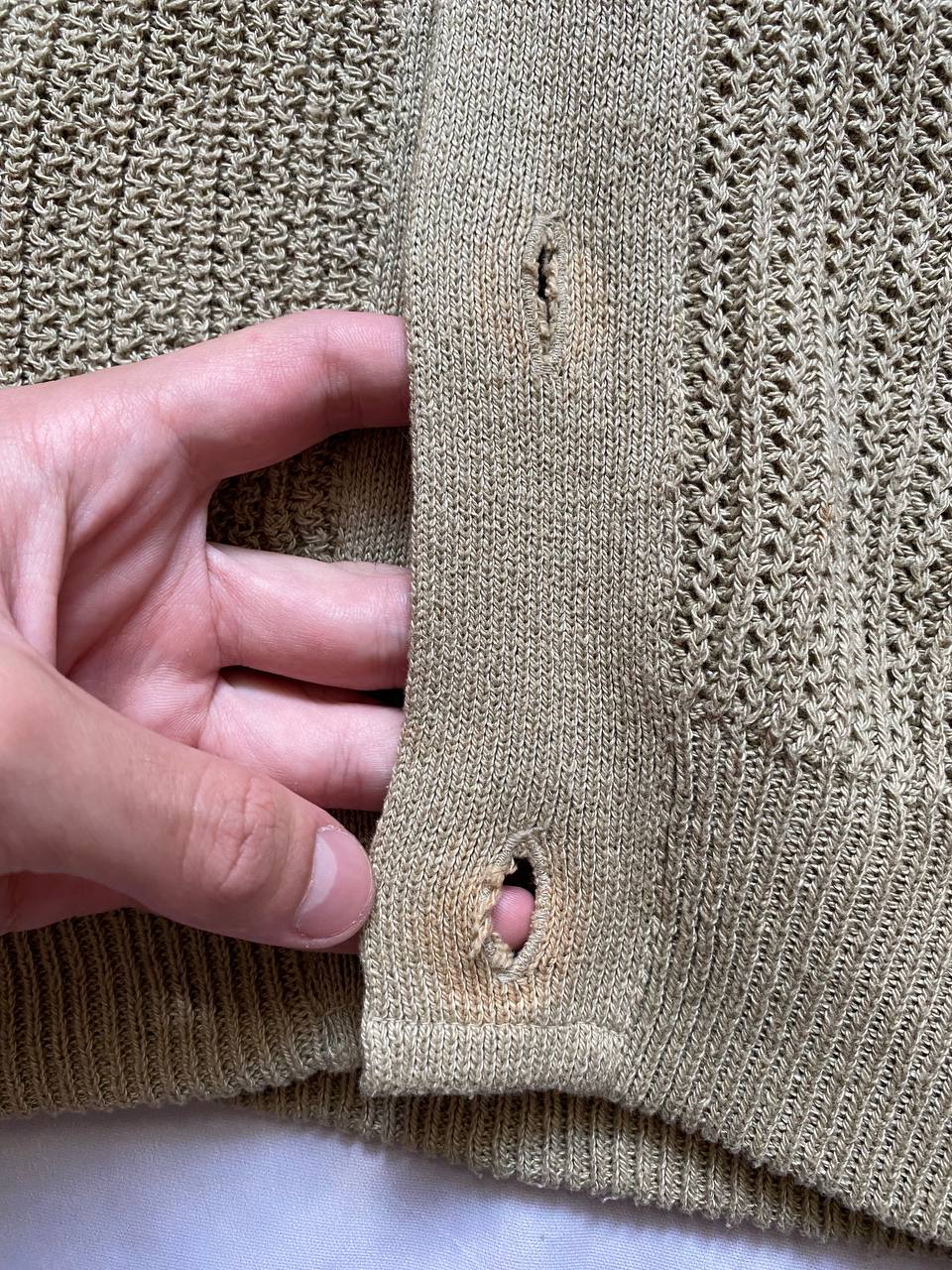 Kansai O2 beige knitted cardigan with embroidered bird detail and fabric patches.