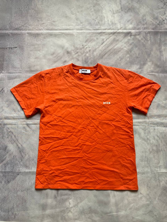 MSGM orange casual t-shirt with white logo print, crew neck, 100% cotton.