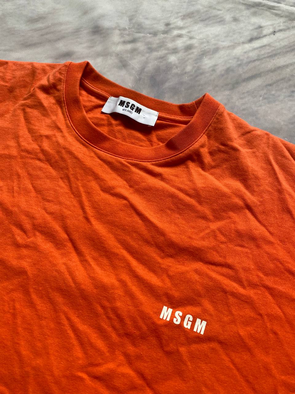 MSGM orange casual t-shirt with white logo print, crew neck, 100% cotton.