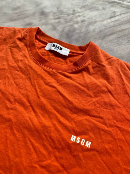 MSGM orange casual t-shirt with white logo print, crew neck, 100% cotton.