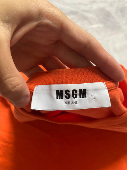 MSGM orange casual t-shirt with white logo print, crew neck, 100% cotton.