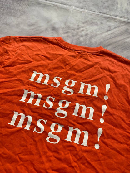 MSGM orange casual t-shirt with white logo print, crew neck, 100% cotton.