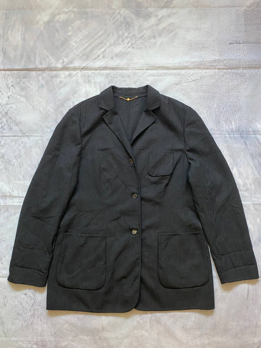 Beams black cotton linen blazer with padded shoulders, three-button front, and slit cuff detail.