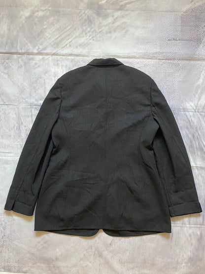 Beams black cotton linen blazer with padded shoulders, three-button front, and slit cuff detail.
