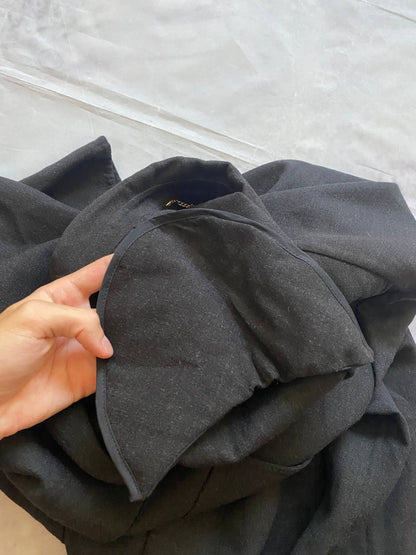 Beams black cotton linen blazer with padded shoulders, three-button front, and slit cuff detail.