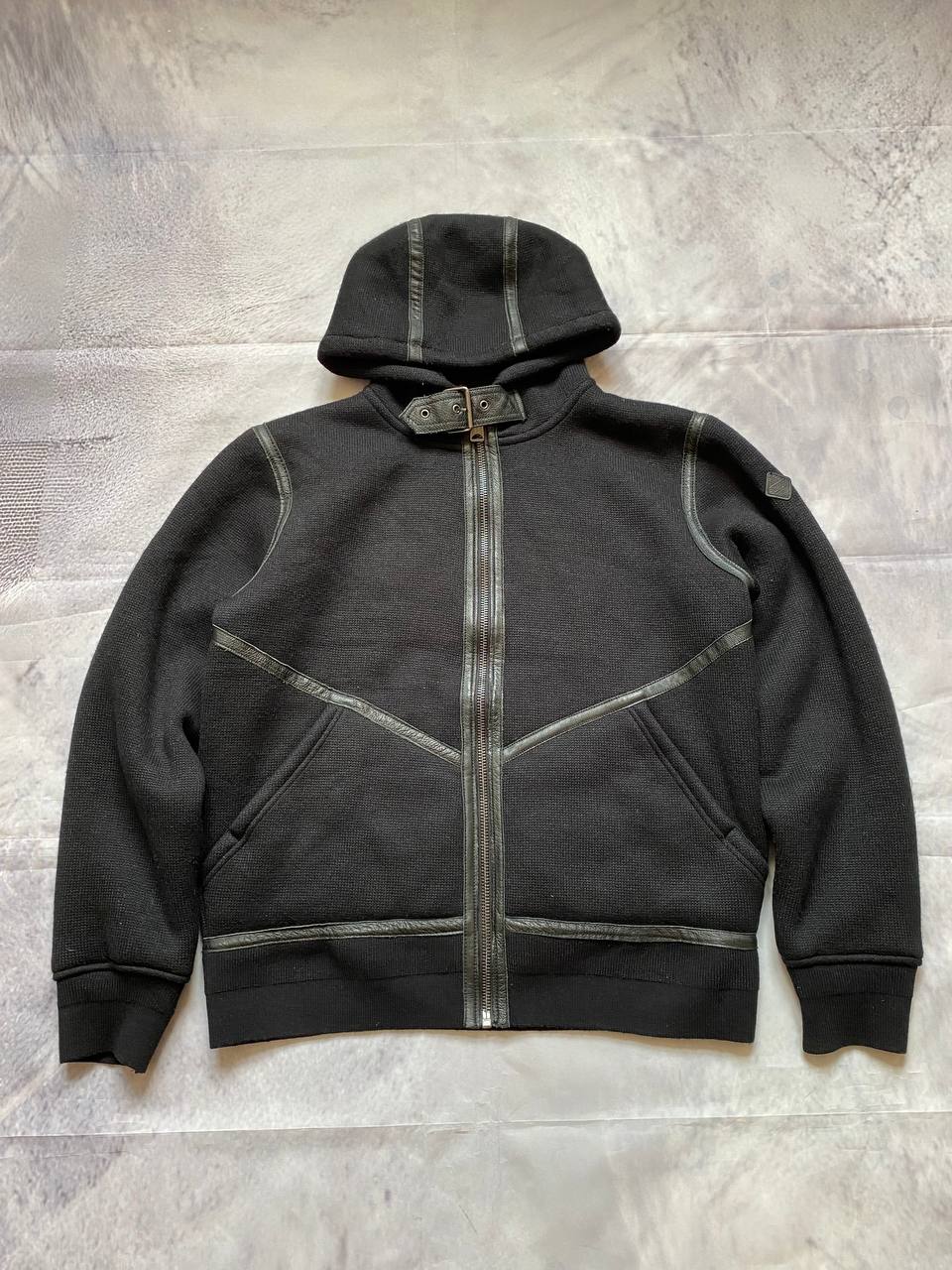 Schott black hoodie with sherpa lining, leather trim, size XL, made in USA.