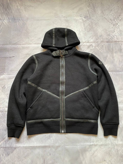 Schott black hoodie with sherpa lining, leather trim, size XL, made in USA.