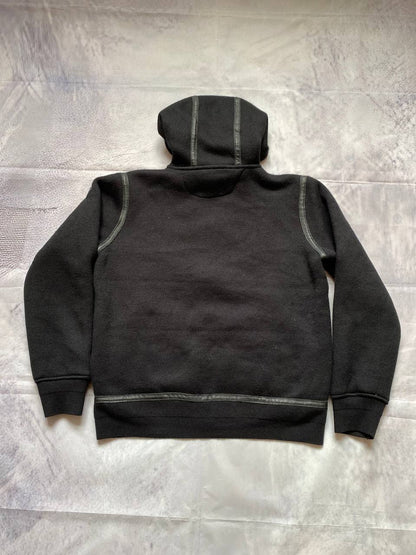 Schott black hoodie with sherpa lining, leather trim, size XL, made in USA.