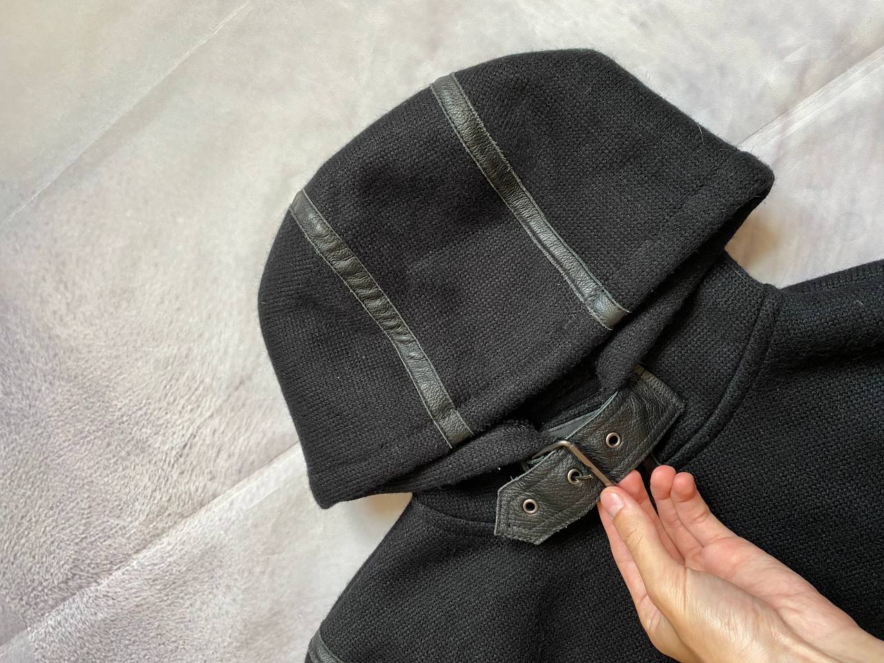Schott black hoodie with sherpa lining, leather trim, size XL, made in USA.