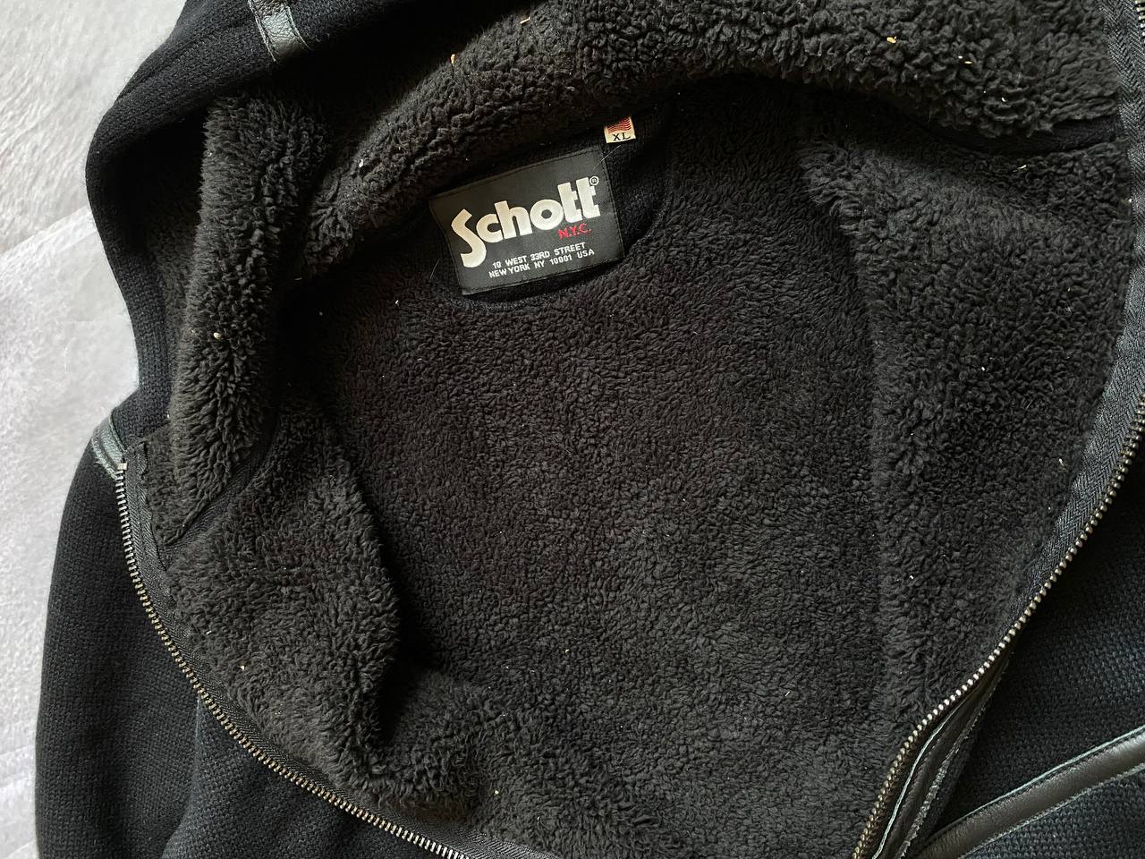 Schott black hoodie with sherpa lining, leather trim, size XL, made in USA.