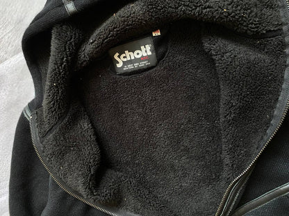 Schott black hoodie with sherpa lining, leather trim, size XL, made in USA.