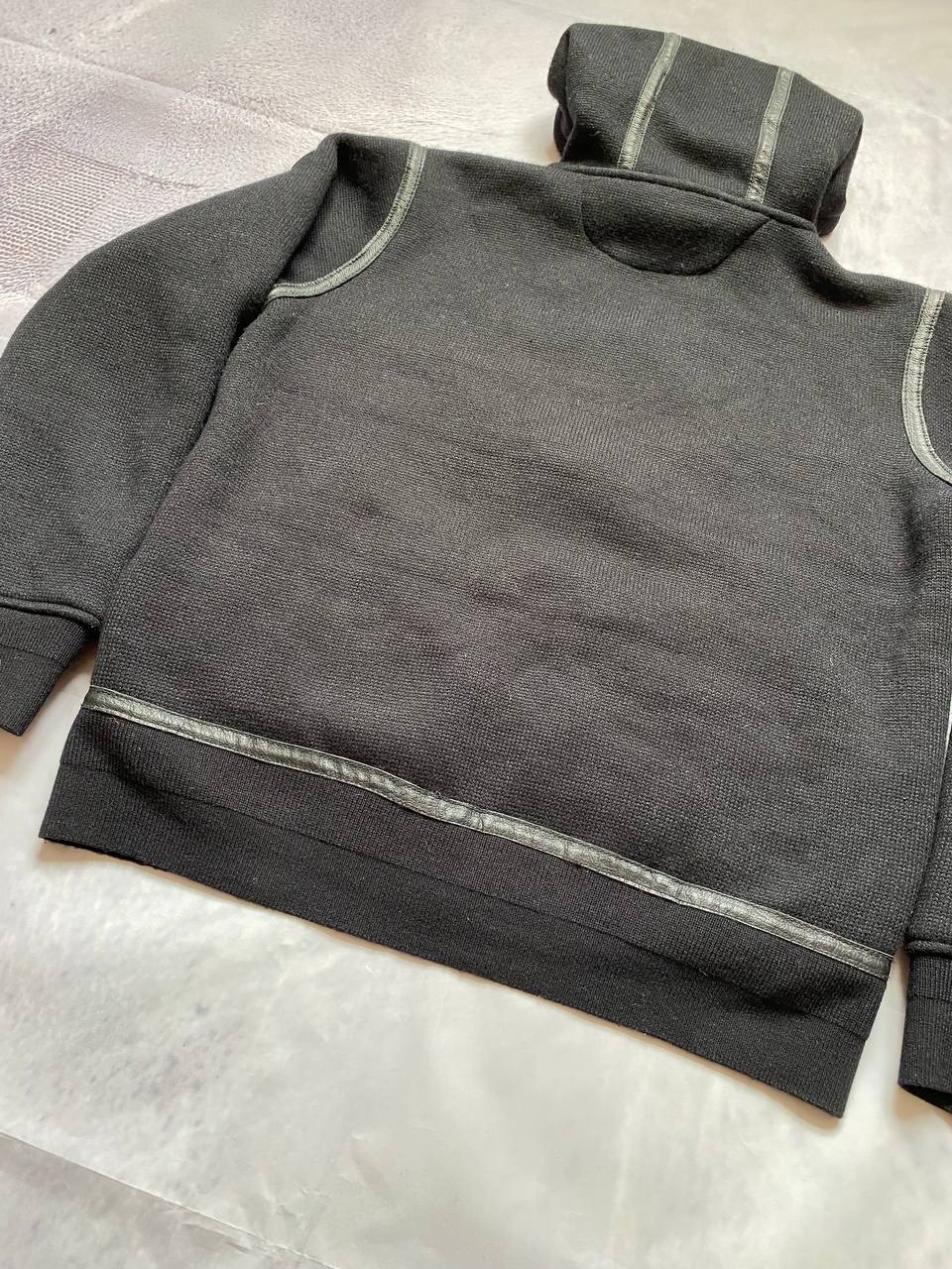Schott black hoodie with sherpa lining, leather trim, size XL, made in USA.