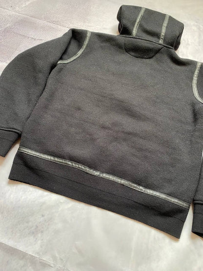 Schott black hoodie with sherpa lining, leather trim, size XL, made in USA.