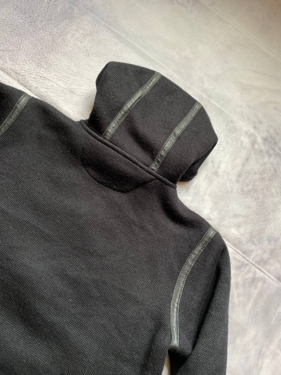 Schott black hoodie with sherpa lining, leather trim, size XL, made in USA.