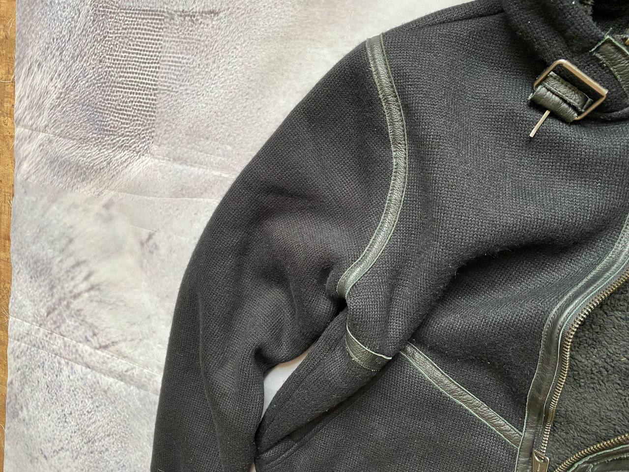 Schott black hoodie with sherpa lining, leather trim, size XL, made in USA.
